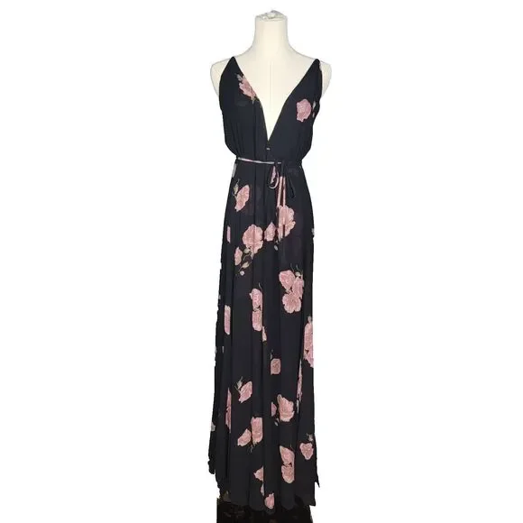 Reformation Dress Size 2 Callalily Gown Wrap Floral Layered Flowy Black Pink - Picture 3 of 17